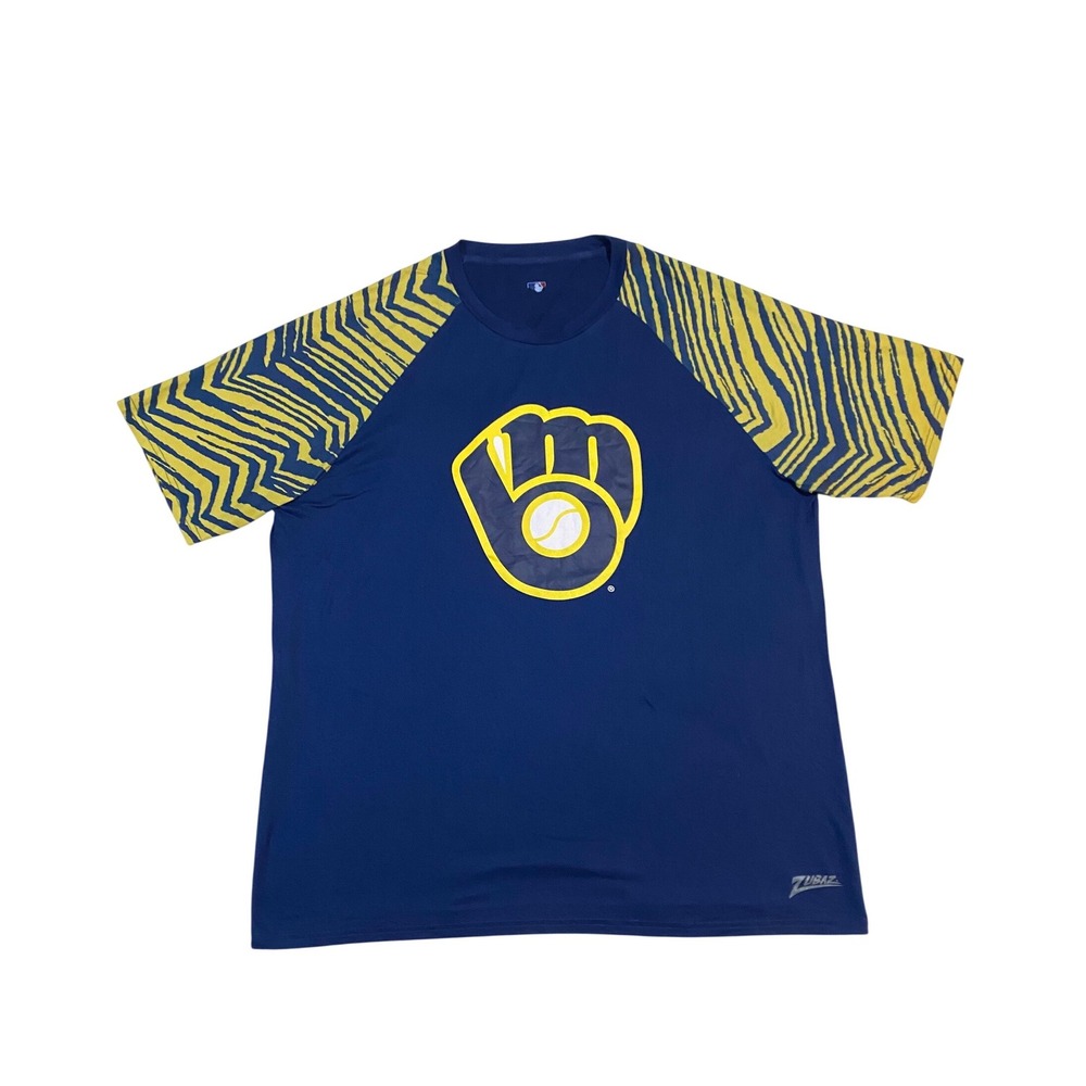 Zubaz Milwaukee Brewers Mens XL 2XL Navy Blue Yellow Zebra Raglan T-Shirt MLB